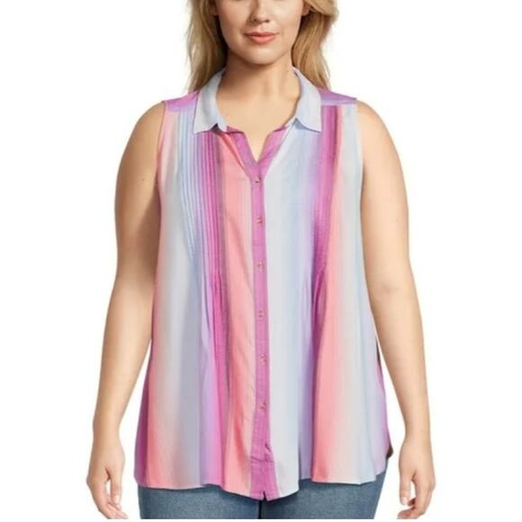 Terra & Sky Ombre Stripe/Orchid Bloom Women's Plus Size Pintuck Camp Shrit 4X - Picture 1 of 7